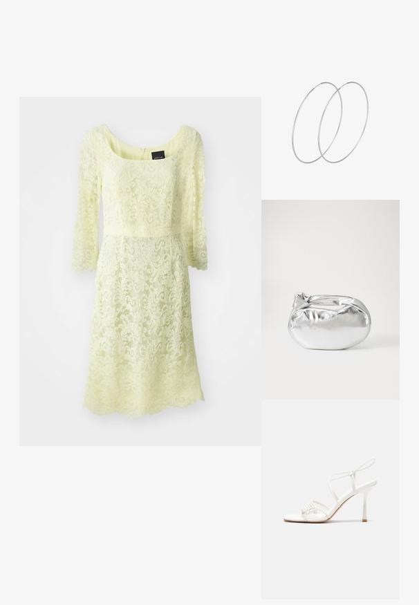Robe en dentelle de couleur jaune pâle, avec des manches trois-quarts, un décolleté arrondi et une taille cintrée avec un motif floral texturé.; Sandale à talons hauts blanche avec une base de orteil plate, devant texturé avec des accents froncés et une fine bride à la cheville.; Pochette en métal argenté avec une forme douce et arrondie et un fermoir en haut noué. Fabriquée en simili cuir lisse.; Boucles d'oreilles en argent au design minimaliste. Forme circulaire, texture lisse et profil fin. Légères avec une finition polie.
