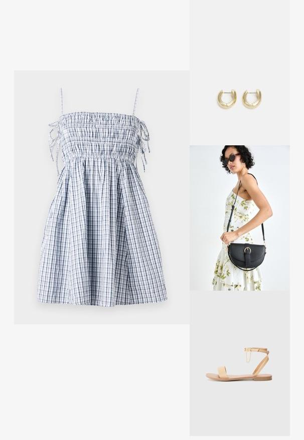 Sinine ja valge ruuduline kleit, millel on volangkaelus, õhukesed rihmad ja voolav seelikuosa, valmistatud kergest kangast. Sisaldab kohandatavaid stringi detaile.; Beige tasasedelaste sandaalid, kus on üks lai rihm, pahkluu rihm koos pannaliga ja dekoratiivne aheladetail. Sujuv nahataoline tekstuur ja tasane tall.; Mustmust mustraha kõverate joontega, eemaldatava rihmaga ja kuldsete detailidega. Kotil on klapp, millel on pandladetail.; Kuldkattega rõngaskõrvarõngad sujuva, poleeritud viimistlusega. Omavad poolringikujulist vormi ja turvalist postikinnitust.