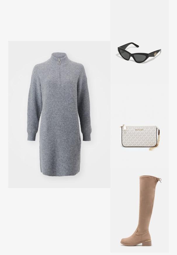 Graues, geripptes Strickkleid mit langen Ärmeln, hohem Kragen und einem Frontreißverschluss. Besitzt einen runden Reißverschlussanhänger und einen leicht verlängerten Saum.; Knöchelhöhe beigen Wildleder-Stiefel mit abgerundeter Spitze, Blockabsatz und dezentem goldenen Akzent am Absatz. Glatte Textur mit tailliertem Design.; Cat-Eye-Sonnenbrille mit mattem schwarzen Kunststoffrahmen, dunklen Gläsern und einem goldenen Logoplatz auf dem Bügel. Winkeliges Design und glatte Oberfläche.; Michael Kors Clutch in beige beschichtetem Canvas mit einem wiederholten MK-Logo-Muster, goldfarbener hardware und einem abnehmbaren Kettenriemen.