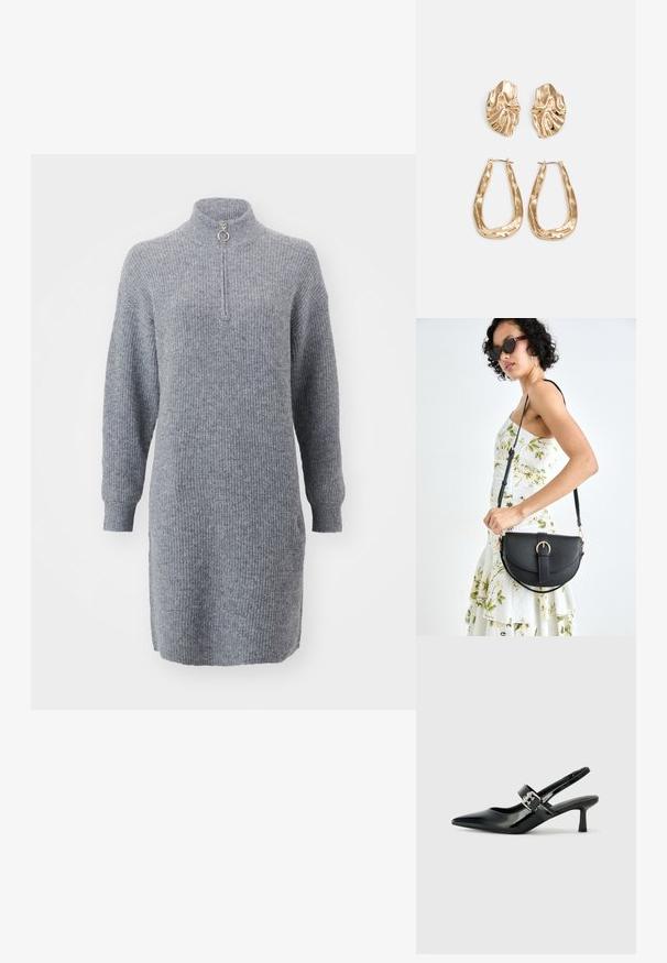 Pilka, pertvarota megztinė su ilgomis rankovėmis, aukštu apykakle ir priekiniais užtrauktukais. Yra apvalus užtrauktuko traukiklis ir šiek tiek pailginta apačia.; Juodai lakuoti slingback aukštakulniai su smailiu kojų pirštu ir mažais blokiniais kulniukais, su sidabro sagtimi ant dirželio.; Juodas odinis krepšys su išlenkta forma, nuimamu dirželiu ir auksiniais detalėmis. Krepšys turi kilpą su sagtimi.; Auksinės auskarai, turintys tekstūruotus, bangų formos elementus. Įeina skulptūriniai segami auskarai ir atviri lankai su išmuštu paviršiumi.