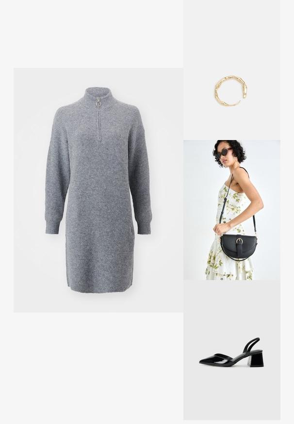 Siva, rebrasti pleteni šifon s dolgimi rokavi, visokim ovratnikom in sprednjim zadrgo. Ima krožno držalo zadrge in rahlo podaljšan rob.; Črne lakirane slingback pete s koničastim nosom in geometrijsko blokasto peto. Imajo eleganten, minimalističen dizajn in gladko teksturo.; Črna usnjena torbica s ukrivljeno obliko, z odstranljivo naramnico in zlatimi dodatki. Torbica ima pokrov s podrobnostmi v obliki zaponke.; Zlati prstan s organskim, zvitim dizajnom, gladko površino in taperiranimi konci, ki ustvarja modernega, skulpturalnega videza.