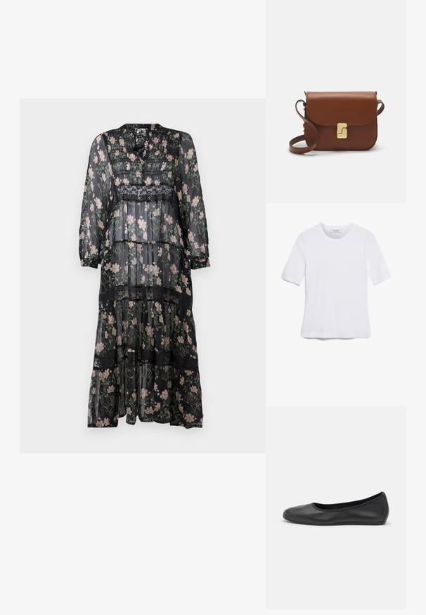 Fekete, áttetsző maxi ruha virágmintával, csipke részletekkel, réteges textúrával, hosszú ujjakkal és kerek nyakkal. Többszintű kialakítással rendelkezik.; Fehér, rövid ujjú póló ribbed anyagból. Kerek nyakkivágás, normál szabás és diszkrét varrási részletek. Nincsenek minták vagy grafikák.; Fekete bőr balettcipő lekerekített orral, sima tekstúrával, minimális varrással és rugalmas talp kialakítással.; Barna bőr kézitáska, hajtókás zárással, arany színű fém kiegészítőkkel, vállpánttal és sima felülettel. Kompakt téglalap alakú.