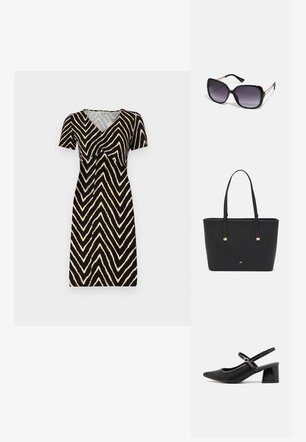 Sukienka z krótkim rękawem w kolorze czarnym z kremowym wzorem w zygzak, z dekoltem w kształcie litery V i marszczeniem w okolicy biustu, uszyta z miękkiego materiału.; Czarne lakierowane czółenka na słupku ze spiczastym noskiem, lekko zaokrąglonym wycięciem i obcasem w kształcie bloku. Posiadają złotą klamrę jako akcent dekoracyjny.; Czarne oversize okulary przeciwsłoneczne z gradientowymi soczewkami, grubymi oprawkami i złotym łańcuszkiem na ramionach.; Czarna torba typu tote wykonana z materiału syntetycznego, z prostym prostokątnym wzorem, złotymi kwadratowymi akcentami i podwójnymi uchwytami.