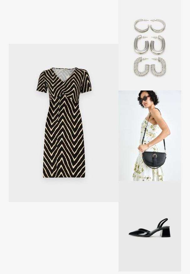 Fekete, rövid ujjú ruha krémszínű cikkcakk mintával, V-kivágással és fodros részlettel a mellrészén, puha anyagból készült.; Fekete lakk bőr szandálkés magas sarkú cipő, hegyes orral és geometrikus tömbsarkakkal. Karcsú, minimalista dizájn és sima textúra jellemzi.; Fekete bőrtáska ívelt formával, levehető pánttal és arany színű fémrészekkel. A táskán egy csattal díszített fedél található.; Négy pár ezüst fülbevaló: két fényes, sima karika design, egy texturált, és egy apró világos cirkonkövekkel díszített.