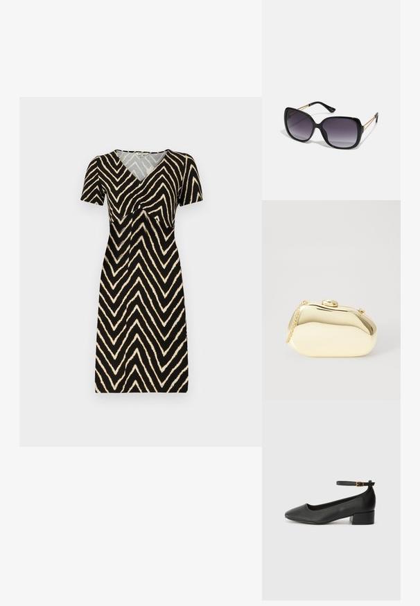 Lühikeste varrukatega must kleit kreemjas sooniku mustris, millel on V-dekoltee ja kortsutatud detail rinna piirkonnas, valmistatud pehmest kangast.; Must mustaapp, millel on terav nina ja madal blokk-kand. Omab pahkluu rihma koos kuldse tooni pandlaga. Sile tekstuur.; Mustad ümarad päikeseglaasid, millel on gradient objektiivid, paksud raamid ja kuldse tooni kettaga kaunistused tempelitel.; Kuldne metallist käekott sujuva, ümarate kujude ning ülemise nupuvajutusega kinnitusega. Koti küljes on väike kett, et oleks mugav kanda.