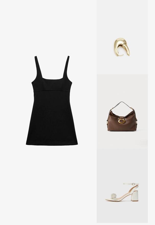 Rochie neagră fără mâneci, cu decolteu pătrat, bust ajustat și tiv flared. Confecționată dintr-un material neted, fără modele sau embellishments vizibile.; Sandale albe cu vârful deschis, cu un toc gros, având o bandă texturată cu sclipici pe picior și o curea ajustabilă la gleznă.; Geantă de umăr din piele maro cu un finisaj texturat, având un închizător din metal de culoare aurie și un singur mânere curbat.; Cercei din metal de culoare aurie cu un design elegant și curbat. Prezintă o formă distinctivă, ascuțită, o suprafață lustruită și un sistem de închidere cu balama.