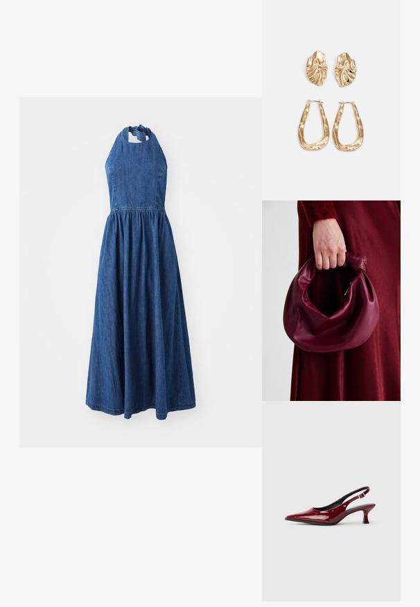 Džinsinis halter stiliaus suknelė su prigludusia kūno dalimi ir laisvai krentančia sijona, turinti susiaurintą liemenį ir kaklo raištį.; Burgundiško lakuoto odos slingback kulniukai su smailiu smailiu ir elegantišku stiletto kulnu. Atvira nugaros konstrukcija su reguliuojamu kulkšnies dirželiu.; Bordo odinė rankinė su minkštu, susiraukšlėjusiu dizainu ir apvalia forma. Rankena yra tvirtai pritvirtinta, atskleidžianti lygią tekstūrą.; Auksinės auskarai, turintys tekstūruotus, bangų formos elementus. Įeina skulptūriniai segami auskarai ir atviri lankai su išmuštu paviršiumi.