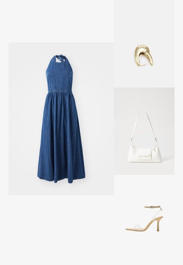 Sukienka z denimu z dekoltem halter, dopasowanym górnym częścią i zwiewnym dołem, z wcięciem w talii i wiązaniem przy szyi.; Przezroczysta sandał z obcasem, z przezroczystą cholewką, beżową wkładką i smukłym paskiem w okolicy kostki. Posiada spiczasty czubek i cienki wysoki obcas.; Biała syntetyczna torba o trójkątnym kształcie, płaskim przednim klapce i detalach w postaci kokardy, regulowanym pasku, gładkiej fakturze oraz minimalistycznym designie.; Złote metalowe kolczyki o eleganckim, zakrzywionym kształcie. Posiadają charakterystyczny szpiczasty kształt, polerowaną powierzchnię oraz zapięcie na zawias.
