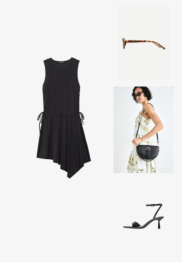 Černé bezramínkové šaty z měkké látky; mají nařasený asymetrický lem a boční šňůrky pro nastavitelný střih.; Bershka Sandály na vysokém podpatku - black; Sluneční brýle v želvovinovém designu s tlustým rámem, mírně zakřivenými spánky a hladkým povrchem. Klasický design s lesklým finišem.; Černá kožená kabelka s křivkovým tvarem, odnímatelným popruhem a zlatými detaily. Kabelka má klopu s přezkou.