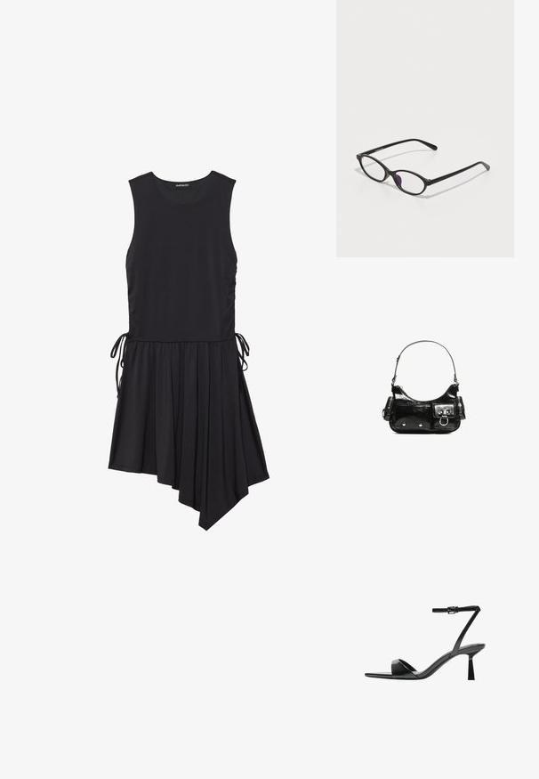 Fekete, ujjatlan ruha puha anyagból; ráncolt, aszimmetrikus szegéllyel és oldalsó megkötőkkel rendelkezik a szabályozható illeszkedés érdekében.; Bershka Magas sarkú szandálok - black; Fekete műanyag szemüveg ovális formával, átlátszó lencsékkel és egy lila akcentussal a bal lencsén. Stílusos, minimalista dizájn.; Fekete lakkbőr kézitáska ívelt formával, egy vállpánttal, elülső zsebekkel és ezüstszínű fémrészletekkel.