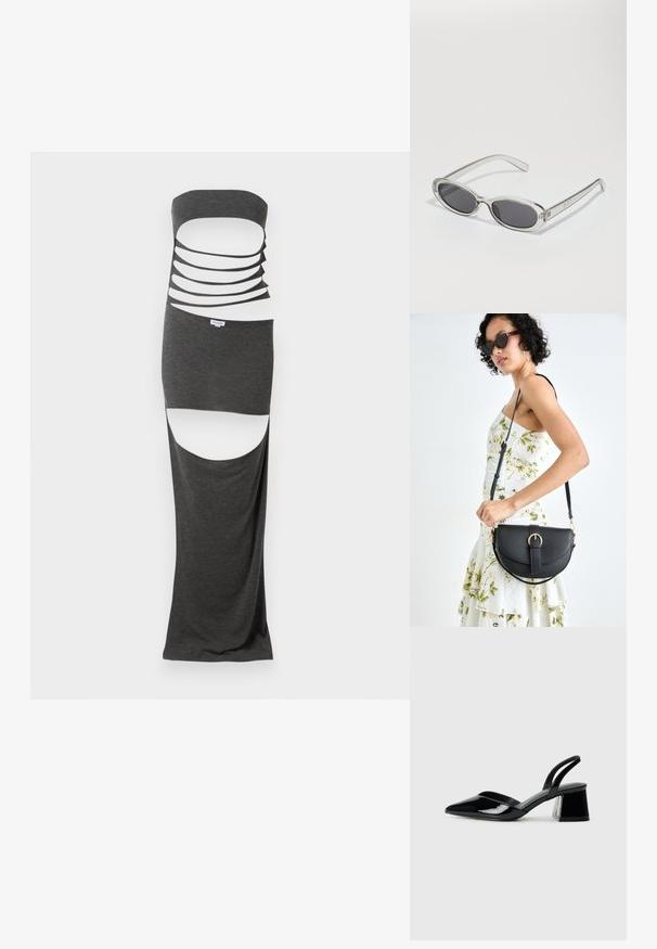 Lang maxi-kjole i mørkegrått stoff med stroppeløs design, flere horisontale utskjæringer og splitt på siden. Glatt tekstur.; Svarte patentlær slingback hæler med spiss tå og geometrisk blokk hæl. Har et stilrent, minimalistisk design og jevn tekstur.; Solbriller med oval form, klar plastramme, mørkegrå linser og tynne gjennomsiktige armer med logopunksjoner og minimal detaljering.; Svart lærveske med en buet form, avtagbar stropp og gullbeslag. Vesken har et klaff med spenne-detall.