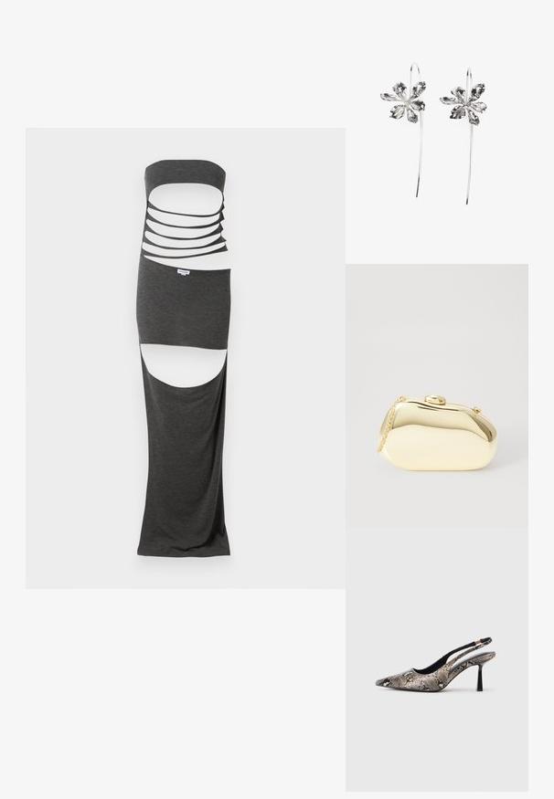 Maksidruga s izrezima od tamnosive tkanine s bezremenskim dizajnom, više horizontalnih izreza i bočnim prorezima. Glatka tekstura.; Cipele s otvorenom petom i špicastim prstom izrađene od teksturiranog materijala sa uzorkom zmijske kože, s tankim crnim potplatom i izrezanim dizajnom sa strane.; Metalni zlatni clutch s glatkim, zaobljenim oblikom, s gornjim kopčom na dugme i malim lancem za nošenje.; Srebrne naušnice u obliku cvijeta s teksturiranim završetkom, s dugim kukama i detaljima nalik laticama za složen dizajn.