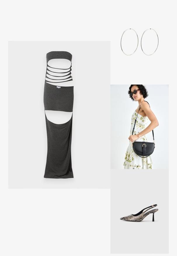 Maksidruga s izrezima od tamnosive tkanine s bezremenskim dizajnom, više horizontalnih izreza i bočnim prorezima. Glatka tekstura.; Cipele s otvorenom petom i špicastim prstom izrađene od teksturiranog materijala sa uzorkom zmijske kože, s tankim crnim potplatom i izrezanim dizajnom sa strane.; Crna kožna torba s lukovitim oblikom, odvojivim remenom i zlatnim detaljima. Torba ima preklop s kopčom.; Srebrne naušnice od obruča s glatkim, okruglim dizajnom i poliranim završetkom. Tanak su i lagani, s jednostavnim zatvaranjem.