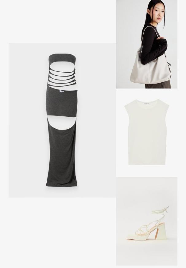 Maksidolg obleka iz temno sive tkanine z brezramnim dizajnom, več horizontalnimi izseki in bočnimi razporki. Gladka tekstura.; Bela brezrokavnica s okroglim izrezom. Narejena iz gladkega materiala, ima sproščen kroj in minimalističen dizajn. Brez vzorcev ali okrasnih elementov.; Bela sandala na visokih petah s debelim petam, ki ima obliko trakcev in vezanje okoli gležnja. Gladka tekstura z platformo spredaj za dodatno višino.; Bežna torbica iz mehkega materiala, z ohlapno zasnovo, šivi in dvema naramnicama. Primerna za vsakodnevno uporabo.