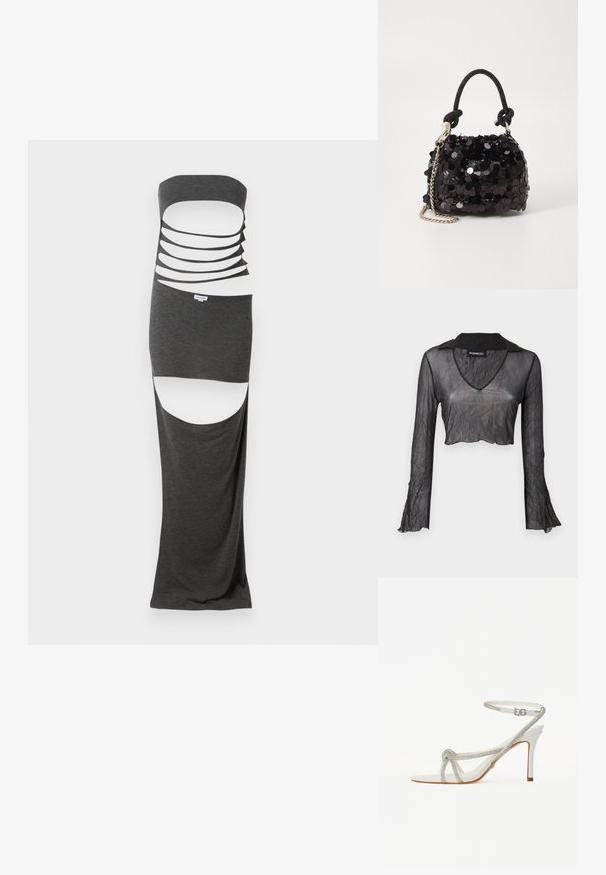 Sötét szürke anyagból készült maxi ruha, amely pánt nélküli kialakítással rendelkezik, több vízszintes kivágással és oldalsó hasítékokkal. Simább textúra.; Fekete áttetsző, hosszú ujjú, cropped topp a V-nyakkivágással, ráncolt textúrával és csipke díszítéssel az ujjakon.; Fehér magas sarkú szandál texturált pánttal, amelyet bets csillogó kövek díszítenek, nyitott orrkialakítással, és állítható csatú bokapánttal.; Fekete flitteres mini kézitáska csomózott textúrájú pánttal és ezüst lánccal. Lekerekített forma, ráncolt tetejével és fényvisszaverő részletekkel.