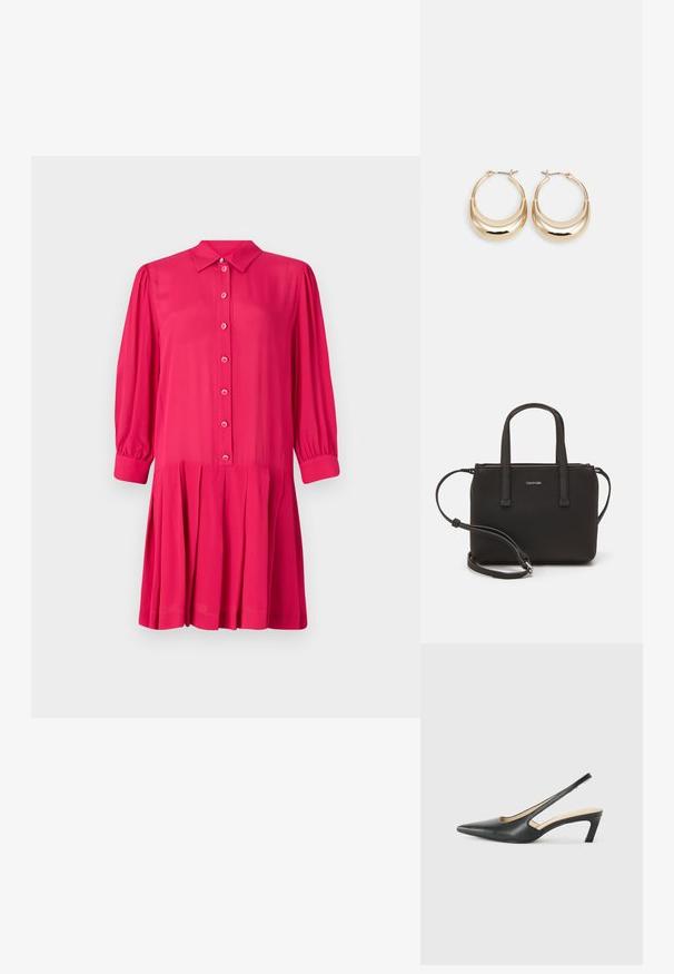 Gaiši rozā kleita ar apkakli, pogu priekšpusi un garām pūkām. Iezīmējas ar drapētu svārku un gludu, vieglu audumu.; Melna, ar smailu purngalu, slingback kurpe ar zemu papēdi, izgatavota no gludas ādas materiāla un ar izgriezumiem sānos gaisa caurlaidībai.; Melns roku soma ar divām īsām rokturiem un noņemamu plecu siksnu. Gluda ādas līdzīga materiāla ar rāvējslēdzēja aizdari un logos detaļu.; Zelta tonis apļveida auskari ar pusmēness formu, pulētu virsmu un lūka aizdari. Gluda tekstūra un spīdīga apdare uzlabo redzamību.