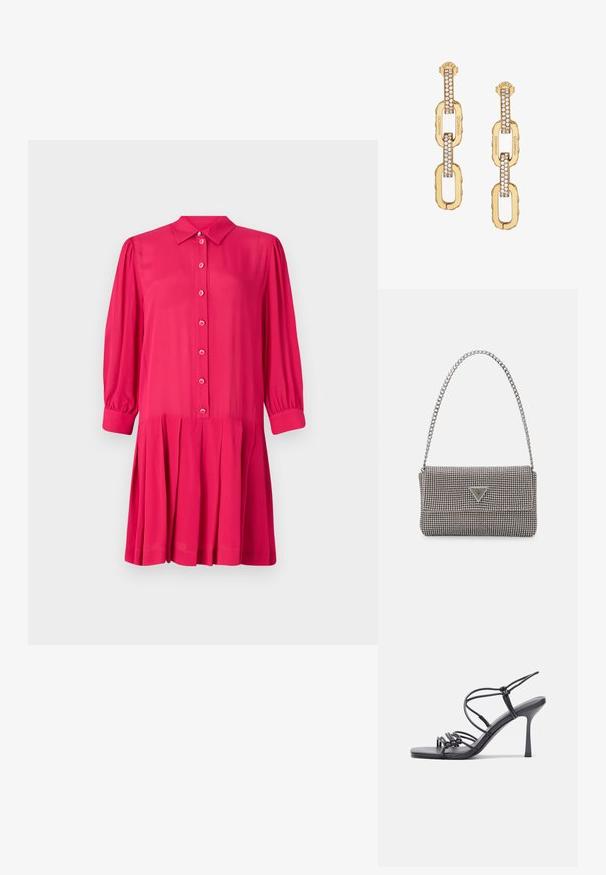 Ryškiai rožinė suknelė su apykakle, mygtukų užsegimu ir ilgomis pūstomis rankovėmis. Turi klostuotą sijoną ir lygaus, lengvo audinio.; Juodos aukštakulnės sandalai pasižymi plonyčiais dirželiais su mazgo dizainu, lygiu kvadratiniu pirštu ir elegantišku stiletto kulnu.; Šviesiai pilka metalinė rankinė su grandinėlės dirželiu, papuošta mažais apvaliais metaliniais smeigėmis ir trikampiu prekės ženklu.; Auksinės grandinėlės auskarai su aiškiais kristalais, puošiančiais dizainą, su įspaustu „GUESS“ ženklu ir lygiu paviršiumi.