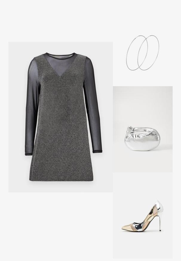 Melnas kleitas ar garām piedurknēm ar augti piegulošu mirdzoši sudrabotu korseti un caurspīdīgām melnām piedurknēm, ar V veida izgriezumu un taisnu apakšmalu.; Apspīlēta augstpapēžu kurpe ar zeltītu, sudrabi un neitrālu krāsu kombināciju. Spīguļojoša virsma ar izgriezuma dizainu, aprīkota ar stiletto papēdi.; Sudraba metāliska poga somiņa ar mīkstu, noapaļotu formu un mezgla augšējo aizdari. Izgatavota no gludas mākslīgās ādas materiāla.; Sudraba gredzenveida auskari ar minimālistisku dizainu. Cirkulāra forma, gluda tekstūra un plāns profils. Vieglu svaru ar spīdīgu apdari.