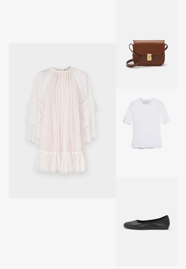 Rochie din dantelă de un roz deschis, cu guler înalt, mâneci flaring din dantelă și o margine franjurată. Prezintă modele florale intricate pe toată suprafața.; Tricou alb cu mânecă scurtă, confectionat dintr-un material texturat. Gât rotund, tăietură regulară și detalii subtile de cusătură. Fără modele sau grafice.; Balerini din piele neagră, cu vârf rotund, textură netedă, detalii de cusătură minimale și un design al tălpii flexibil.; Geantă de piele maro cu închidere tip capac, accesorii de culoare aurie, curea de umăr și o textură netedă. Formă compactă și rectangulară.