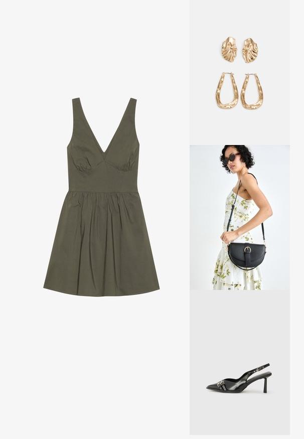 Maslinasto zelena haljina bez rukava sa V izrezom, prilagođenim tijelom i naboranim pojasom, koja ima lepršavu suknju i glatku teksturu tkanine.; Crna lakirana slingback cipela s izduženim vrhom, remenčićima oko gležnja s srebrnim kopčama i dijelovima, te vitkim potplatom.; Crna kožna torba s lukovitim oblikom, odvojivim remenom i zlatnim detaljima. Torba ima preklop s kopčom.; Naušnice zlatne boje s teksturiranim, valovitim oblicima. Uključuju skulpturalne kopče i dizajn otvorene kružnice s kovanom završnom obradom.