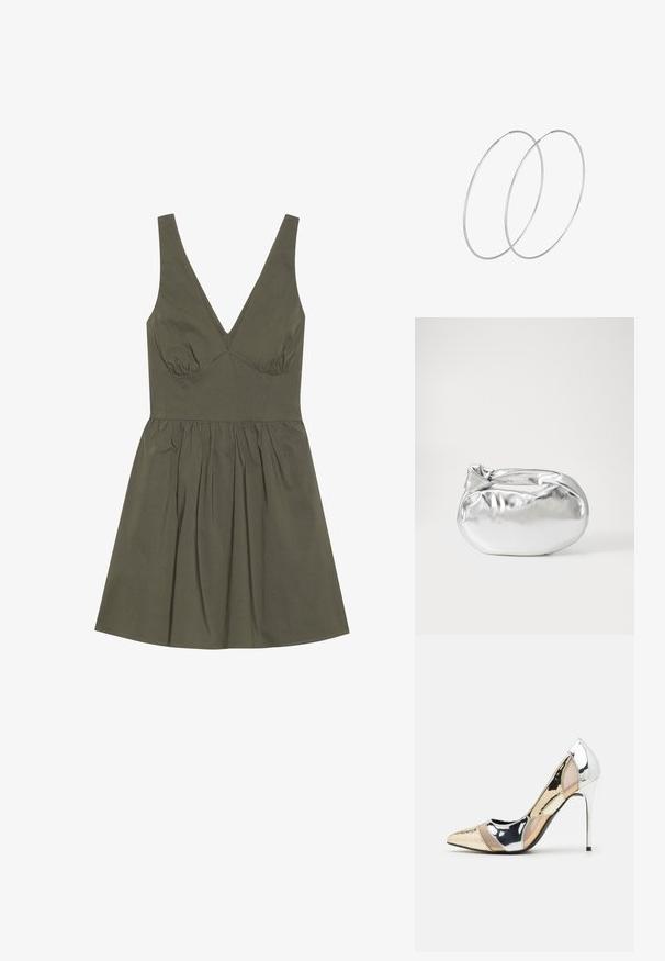 Olīvzaļš bezpiedurkņu kleita ar V veida kakla izgriezumu, piegulošu augšdaļu un savilktu jostasvietu, kurai ir izplesta svārku daļa un gluda auduma tekstūra.; Apspīlēta augstpapēžu kurpe ar zeltītu, sudrabi un neitrālu krāsu kombināciju. Spīguļojoša virsma ar izgriezuma dizainu, aprīkota ar stiletto papēdi.; Sudraba metāliska poga somiņa ar mīkstu, noapaļotu formu un mezgla augšējo aizdari. Izgatavota no gludas mākslīgās ādas materiāla.; Sudraba gredzenveida auskari ar minimālistisku dizainu. Cirkulāra forma, gluda tekstūra un plāns profils. Vieglu svaru ar spīdīgu apdari.