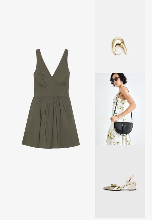 Maslinasto zelena haljina bez rukava sa V izrezom, prilagođenim tijelom i naboranim pojasom, koja ima lepršavu suknju i glatku teksturu tkanine.; Zlatni metalik slingback sandali s šiljatim vrhom i debelim potpeticama. Glatka tekstura, minimalistički dizajn i uski remen.; Crna kožna torba s lukovitim oblikom, odvojivim remenom i zlatnim detaljima. Torba ima preklop s kopčom.; Zlatne metalne naušnice s elegantnim, zakrivljenim dizajnom. Imaju karakterističan šiljast oblik, poliranu površinu i zatvaranje na šarku.
