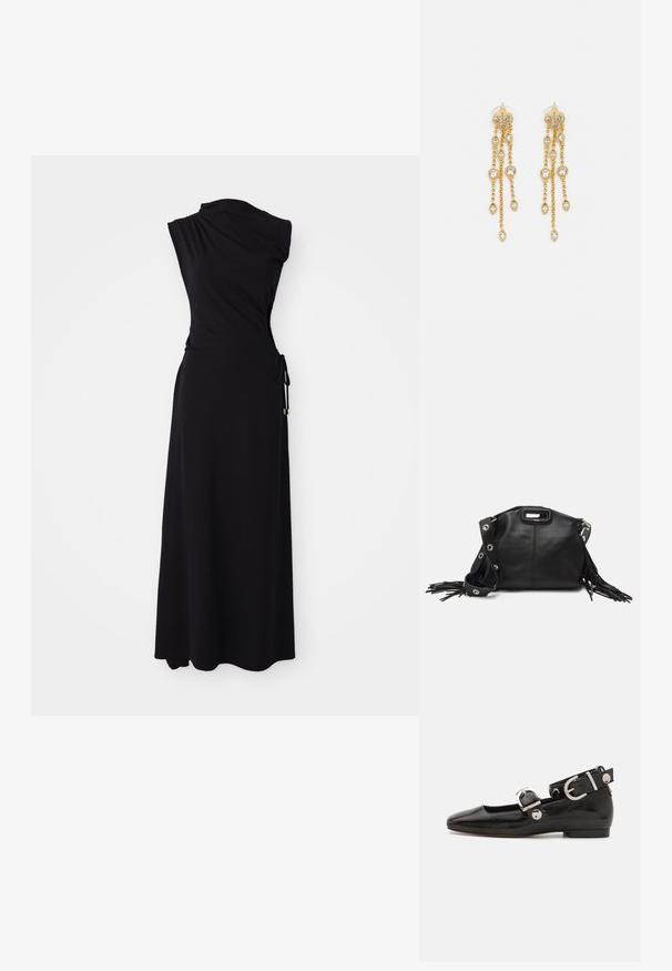 Juoda, be rankovių suknelė su viena petneša, susiraukšlėta juosmens dalimi ir šoniniu raiščiu. Pagaminta iš minkštos, elastingos medžiagos. Grindims siekianti.; Juodas lakinės odos plokščias batelis su kvadratiniu pirštu, kulkšnies dirželiu su sidabro detalėmis ir plokščiu padu. Sklandus paviršius su minimalistišku dizainu.; Maje MISS MINI - Rankinė per petį - noir; Aukso spalvos auskarai su keliais kaskadiniais grandinėlėmis, su skaidriais ovaliais kristalų akcentais ir dekoratyviniais auskarų priekiais.