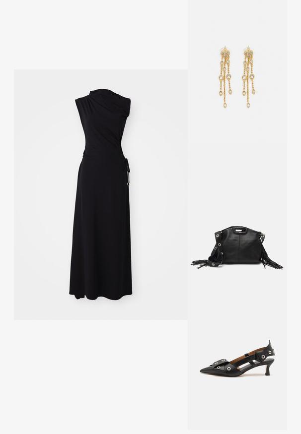 Schwarzes, ärmelloses Kleid mit einem einseitigen Schulterdesign, gerafftem Taillenbund und seitlicher Bindung. Hergestellt aus weichem, dehnbarem Stoff. Bodenlang.; Schwarze Leder-Slingback-Schuhe mit spitz zulaufender Zehenpartie, dekorativen Schlaufen, einem niedrigen Kitten-Heel und ausgeschnittenem Seitendesign.; Maje MISS MINI - Umhängetasche - noir; Goldtonige Ohrringe mit mehreren kaskadierenden Ketten, verziert mit klaren ovalen Strasssteinen und dekorativen Ohrsteckern.