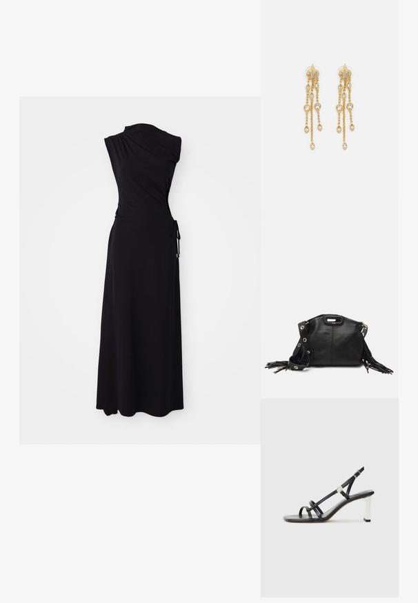 Čierne bezrukávové šaty s dizajnom jedného ramena, zberaným pásom a detailom viazania na boku. Vyrobené z mäkkej, pružnej látky. Dĺžka po zem.; Čierne sandále na vysokom opätku s viacerými úzkymi popruhmi, dizajnom so slingbackom a so strieborným akcentom na opätku. Hladký vrchný materiál a štvorcový opätok.; Maje MISS MINI - Taška cez plece - noir; Zlaté náušnice s mnohými kaskádovými reťazcami, ozdobené jasnými oválnymi kryštálmi a dekoratívnymi puzdrami.