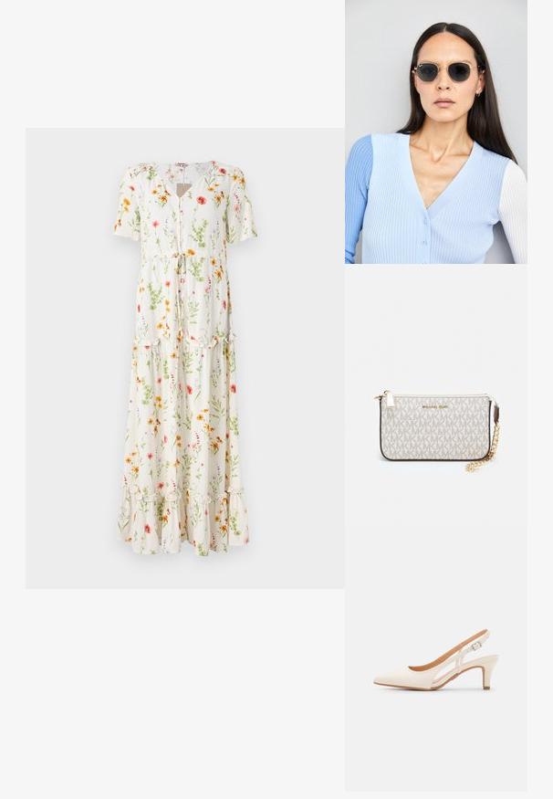 Robe maxi fleurie en tissu léger, avec des manches courtes, un devant à boutons et un ourlet volanté, sur une base blanche et un motif floral multicolore.; Talons aiguilles blanches à bride arrière avec un bout pointu, un dessus lisse, un petit talon carré et un design avec découpes latérales et sangle réglable.; Lunettes de soleil rondes avec verres sombres et monture en or. Le modèle porte un cardigan à côtes bleu clair avec des boutons et des manches blanches contrastantes.; Porte-monnaie Michael Kors en toile enduite beige avec un motif répété de logo MK, des accessoires en or et une bandoulière en chaîne amovible.