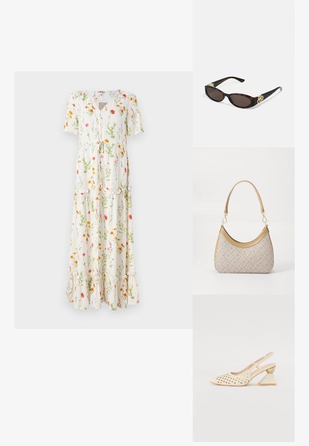 Robe maxi fleurie en tissu léger, avec des manches courtes, un devant à boutons et un ourlet volanté, sur une base blanche et un motif floral multicolore.; Chaussure slingback beige avec tige perforée, bout pointu et un talon triangulaire contrastant avec une touche dorée. Texture lisse dans l'ensemble.; Lunettes de soleil en écaille, avec des verres ovales allongés, teinte marron, accents de logo doré sur les branches et montures noires élégantes.; Sac à main en beige à motif, avec une forme incurvée, des accents en cuir et un logo en ton doré sur le devant. Il dispose d'une poignée courte pour un transport facile.