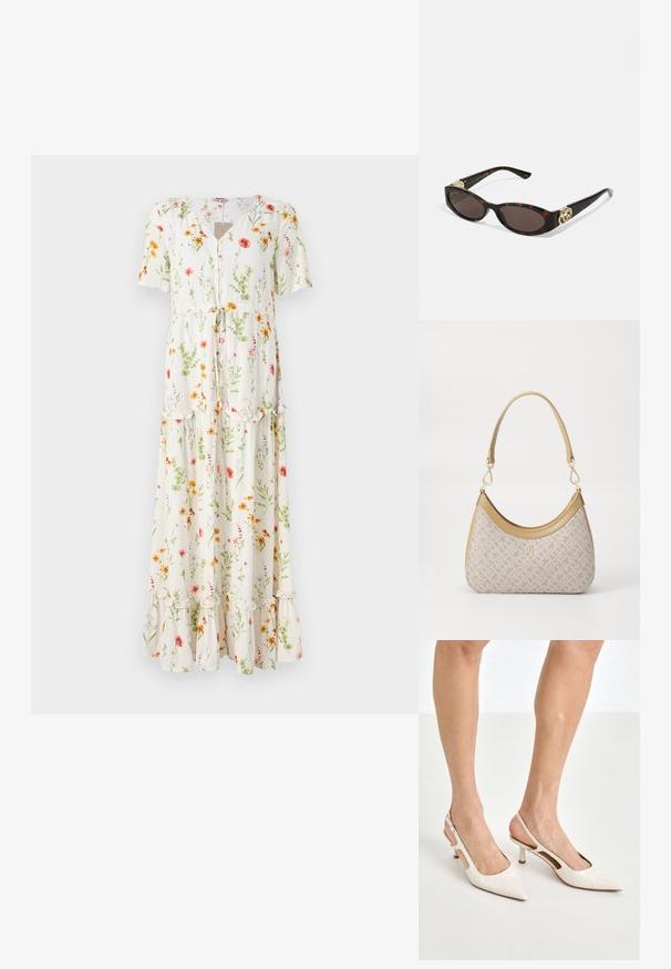 Floral maxi dress in lightweight fabric, featuring short sleeves, button front, and ruffled hem, with a white base and multicolored floral pattern.; Beige patent leather slingback heels with a pointed toe and 5 cm heel, featuring cut-out sides and a thin ankle strap.; Tortoiseshell sunglasses with elongated oval lenses, brown tint, gold logo accents on temples, and sleek black arms.; Beige patterned handbag with a curved shape, leather accents, and a gold-tone logo on the front. Features a short handle for easy carrying.; Pearl and crystal necklace with a round, beaded design in pale hues, featuring alternating pearls and sparkling accents, worn around the neck.