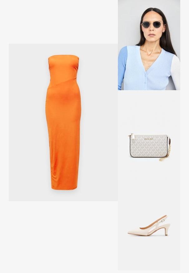 Šaty bez ramienok z oranžového saténu s priliehavým strihom, s detailom šikmého švu a rovným lemom, s hladkou textúrou po celom povrchu.; Biele slingback topánky na podpätku s ostrou špičkou, hladkým vrchným materiálom, nízkym blokovým podpätkom a bočným výrezom s nastaviteľným remienkom na pracku.; Okrúhle slnečné okuliare s tmavými šošovkami a zlatým rámom. Modelka má na sebe svetlomodrý pletený kardigán s gombíkmi a bielymi rukávmi v kontraste.; Michael Kors zápästná taška v béžovej potiahnutej plátenej tkanine s opakujúcim sa vzorom loga MK, zlatým kovania a odnímateľným reťazovým popruhom.