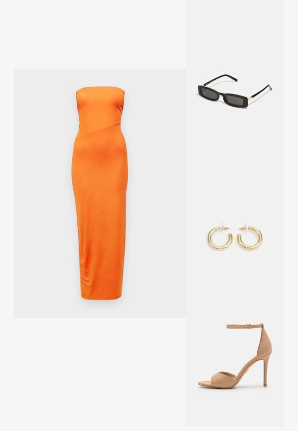 Ujj nélküli narancsszínű selyemruha, amely feszes szabással rendelkezik, ferde varrási részlettel és egyenes szegéllyel, sima textúrával az egész felületen.; ALDO CRERIDE PILLOW WALK - Szandálok - beige; Fekete téglalap alakú napszemüveg sötét lencsékkel, fényes műanyag kerettel, arany díszítéssel az temples. Minimalista design és elegáns forma.; Arany fülbevalók sima, fényes felülettel. Kör alakú dizájn, amely kis kapoccsal és átlátszó tartozékkal rendelkezik a biztonságos viselés érdekében.