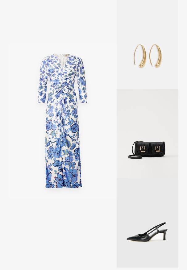 Maxiklänning i vitt tyg med blå blommönster, långa ärmar, rynkdetaljer vid midjan och dragkedja fram.; Svart lackskin slingback-häl med spetsig tå, med texturerad ormskinnsprint, justerbar rem och en kort, texturerad blockklack.; Svart läderaxelväska med två framfickor, guldspännen, dragkedjestängning och en smal rem. Texturerad yta och kompakt rektangulär form.; Guldtonade metallörhängen i en kurvad, avlång form. Har en slät, glänsande yta och en rundad spets för en extra detalj.