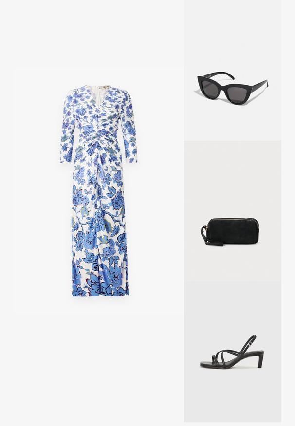 Maxi šaty z bílé tkaniny s modrým květinovým vzorem, dlouhými rukávy, řasením v pase a předním zipem.; Černé sandály na tenkém podpatku se čtveratou špičkou a nízkým blokovým podpatkem. Mají několik tenkých popruhů a nastavitelné zapínání okolo kotníku. Vyrobeny z hladké kůže.; Černé sluneční brýle ve stylu kočičích očí s matným povrchem, vybavené šedými zabarvenými skly, ostrými liniemi a elegantními bočními rameny. Název značky viditelný na vnitřní straně ramene.; Černá semišová kabelka na ruku se zipovým uzávěrem a odnímatelným zápěstním řemínkem. Vybaveno zlatými kovovými detaily a hladkým, matným povrchem.