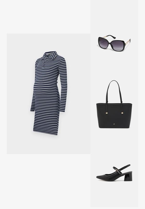 Granatowa sukienka ciążowa w paseczki, w białym kolorze, z długimi rękawami, kołnierzykowym dekoltem i prążkowaną strukturą, zaprojektowana z myślą o komforcie i dopasowaniu.; Czarne lakierowane czółenka na słupku ze spiczastym noskiem, lekko zaokrąglonym wycięciem i obcasem w kształcie bloku. Posiadają złotą klamrę jako akcent dekoracyjny.; Czarne oversize okulary przeciwsłoneczne z gradientowymi soczewkami, grubymi oprawkami i złotym łańcuszkiem na ramionach.; Czarna torba typu tote wykonana z materiału syntetycznego, z prostym prostokątnym wzorem, złotymi kwadratowymi akcentami i podwójnymi uchwytami.