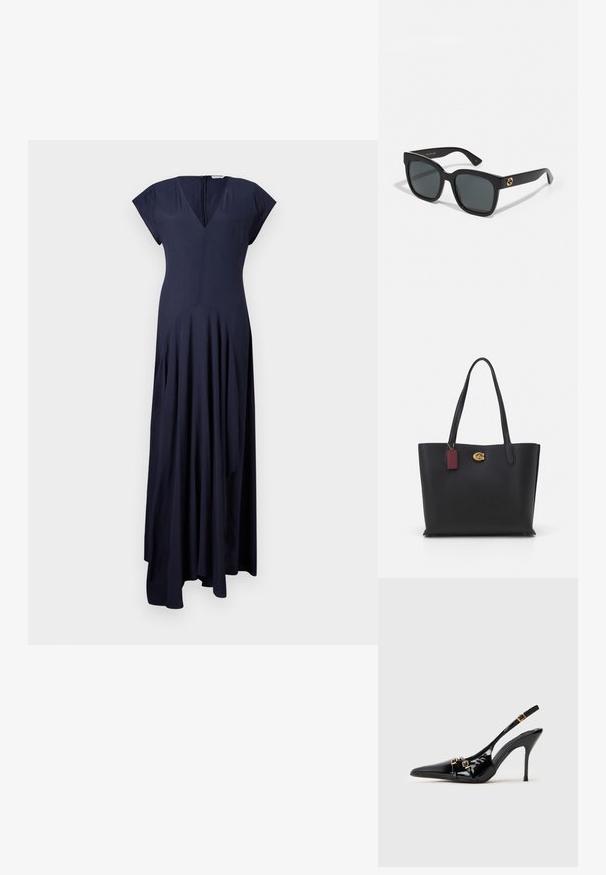 Námorníckomodrá, dlhá šaty po zem so špicatým výstrihom a krátkymi rukávmi. Obsahuje skladané detaily a skrytý zips vzadu. Mäkký materiál.; Čierne lakované kožené lodičky na vysokom opätku so špicatou špičkou, zlatými kovovými detailami a elegantným dizajnom.; Čierne slnečné okuliare s obdĺžnikovými šošovkami, s lesklým povrchom a zlatými logovými akcentmi na stranoch. Tmavošedé šošovky poskytujú UV ochranu.; Čierna kožená taška s dvoma dlhými uchami, textúrovaným povrchom, zlatými doplnkami a bordovou etiketou. Priestranný dizajn s otvoreným vrchom.