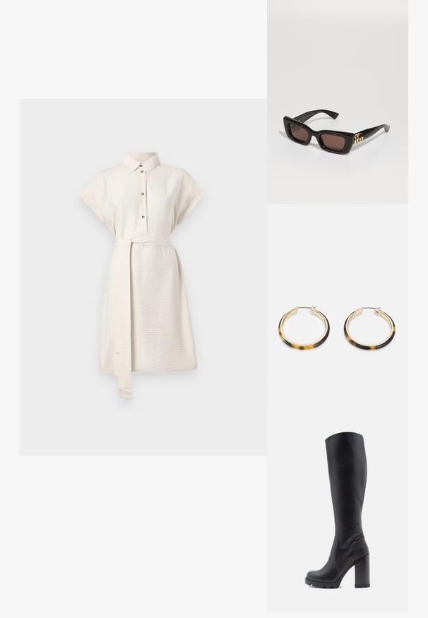 Kreminė, trumpomis rankovėmis marškinėlių suknelė su apykakle, mygtukų užsegimu ir juosmens diržu. Lygi tekstūra ir kelių ilgio hemline su šoninėmis kišenėmis.; Juodi iki kelių auliniai batai, lygaus odos paviršiaus, masyvi pakulnė, apvali nosis, tekstūruota padas su sukibimu, elegantiškas dizainas be papuošimų.; Juodos tortoise tipo saulės akinius su stačiakampiais objektyvais, rudos spalvos tonu, storesniu rėmu ir auksine dviguba G logo detale ant šventyklos.; Auksinės spalvos auskarai su torto kiauto raštu pagaminta dirbtinės dervos išorine dalimi, turintys lygią apdailą ir elegantišką, apvalią formą.