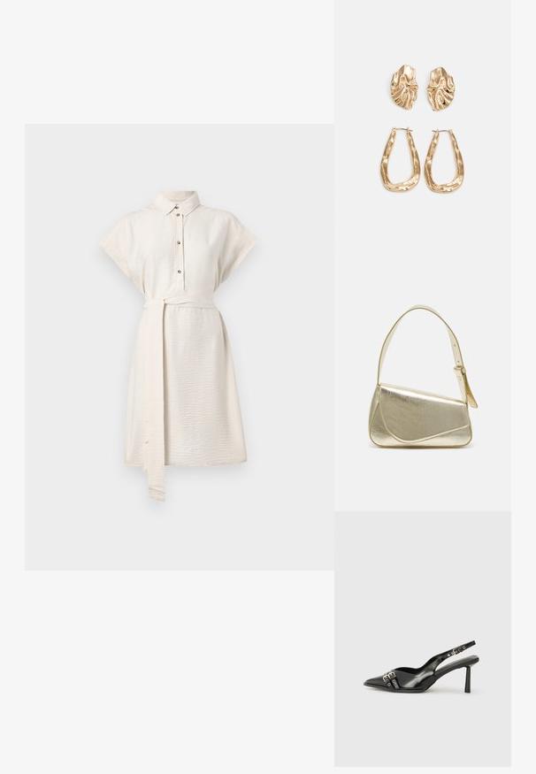 Krēmkrāsas, īsā piedurknē kleita ar apkakli, pogu priekšpusi un jostas saišu. Gluda tekstūra un ceļa garuma apakšmala ar sānu kabatām.; Melnā patentēta ādas sandale ar norādītu purngalu, potītes siksniņām ar sudraba sprādzēm un aparatūru, kā arī smalku papēdi.; Zelta metāla somiņa ar strukturētu dizainu, gludu tekstūru un regulējamu siksniņu. Iezīmējas ar unikālu trīsstūrveida formu un minimālistisku šuvumu.; Zelta krāsas auskari ar teksturētām, viļņotām formām. Iekļauts skulpturāls piespraužams modelis un atvērta gredzenveida konstrukcija ar izsistām virsmām.