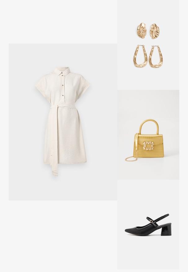 Kreem värvi lühikeste varrukate ja kaelusega särgimekko, nööpidega esiosal ja vöödega. Sile tekstuur ning põlvepikkune hem, küljetaskudega.; Mustad läikivad nahast slingback-kõrged kontsad, millel on terav nina, ümar lõikekujundus ja blokknina. Omab kuldset nupu aktsenti.; Kollane faux-krokodilli käsipindaga kott, millel on struktureeritud disain, ülemine käepide, eemaldatav kettmass ja dekoratiivne kristallkaunistus klambril.; Kuldse värvi kõrvarõngad, mis on kaunistatud tekstuursete ja laineliste kujunditega. Komplektis on skulpturaalsed klamber kõrvarõngad ja avatud rõngasdisain, millel on lõhestatud viimistlus.