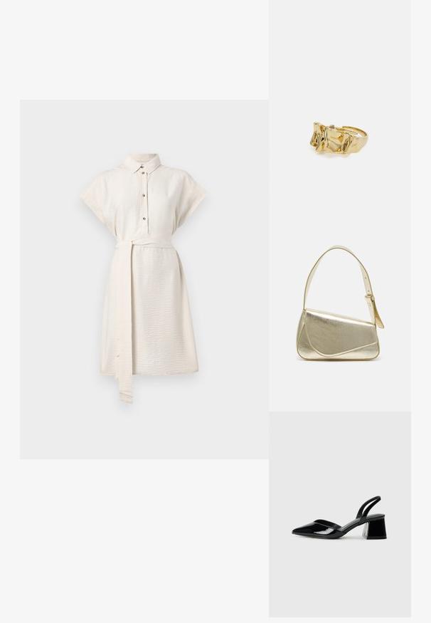 Krém színű, rövidujjú ingruha gallérral, gombos elülső résszel és derékpánttal. Sima textúrájú, térd fölé érő szegéllyel és oldalsó zsebekkel.; Fekete lakk bőr szandálkés magas sarkú cipő, hegyes orral és geometrikus tömbsarkakkal. Karcsú, minimalista dizájn és sima textúra jellemzi.; Arany fémes kézi táska, strukturált dizájnnal, sima felülettel és állítható pánttal. Egyedi háromszög alakú, minimalistának mondható varrásokkal rendelkezik.; Aranygyűrű texturált, hullámos dizájnnal, három kiemelkedő csúccsal. Simább, fényes felület és nyitott sáv az állítható illeszkedés érdekében.