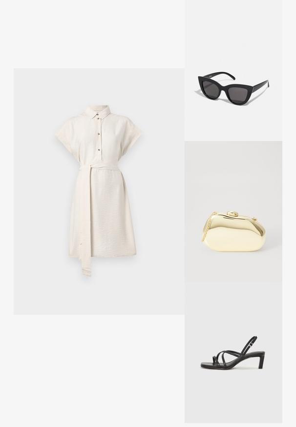 Krémové šaty košilového střihu s krátkými rukávy, límečkem, zapínáním na knoflíky vpředu a pasovým stahováním. Hladký materiál a délka ke kolenům s bočními kapsami.; Černé sandály na tenkém podpatku se čtveratou špičkou a nízkým blokovým podpatkem. Mají několik tenkých popruhů a nastavitelné zapínání okolo kotníku. Vyrobeny z hladké kůže.; Černé sluneční brýle ve stylu kočičích očí s matným povrchem, vybavené šedými zabarvenými skly, ostrými liniemi a elegantními bočními rameny. Název značky viditelný na vnitřní straně ramene.; Metalická zlatá kabelka s hladkým, zaobleným tvarem, opatřená horním zapínáním na knoflík a malým řetízkovým popruhem pro nošení.