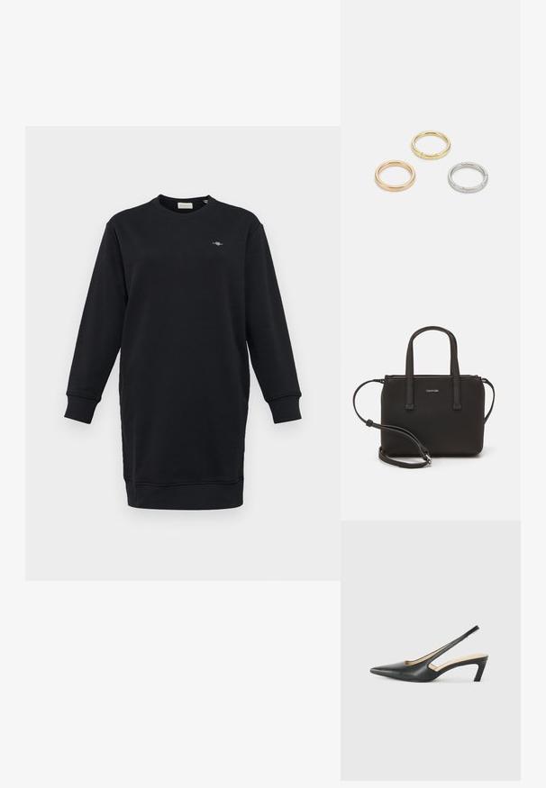 Must mustaga dress pikkade varrukatega, ümmarguse kaelusega, ribadega mansettide ja väikese tikandiga logoga rinnal. Sujuv kangatekstuur.; Must mustaga, terav varvas, madala kontsaga sildiga king, mis on valmistatud siledast nahast ja mille küljel on lõike disain hingavuse tagamiseks.; Musthave mustrans vöö ja eemaldatav õlarihm. Gludike nahk siledaga, millel on tõmblukk ja logo detail.; Kolme metallist rõngast: üks roosa kuld, üks kuld tekstuursete aktsentidega ja üks hõbe, kõik sisepoolt graveeritud brändinguga.