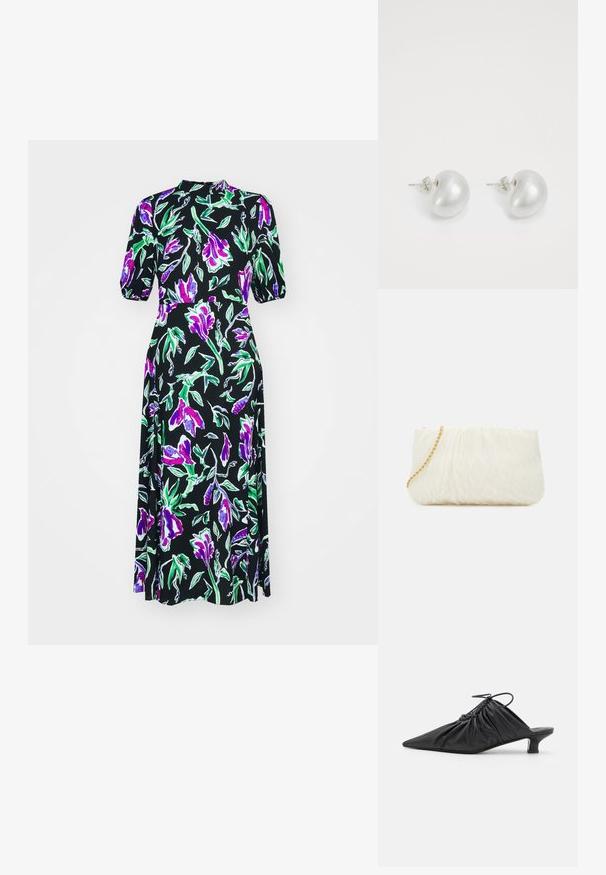 Diane von Furstenberg NELLA DRESS - Freizeitkleid - violet; Schwarze Leder-Mules zum Hineinschlüpfen mit spitzer Zehe, geraffter Textur und kleinem Kitten-Heel. Verfügt über ein Zugbanddetail am Öffnung.; Weiße, strukturierte Clutch mit einem gerafften Design, ausgestattet mit einem goldenen Kettenriemen. Glatte Oberfläche mit subtilen Wellen und abgerundeten Kanten.; Silberne Perlenohrringe in geschwungener Bohnenform. Glatte, glänzende Oberfläche und mit einem Stecker- und Rückverschluss gesichert.