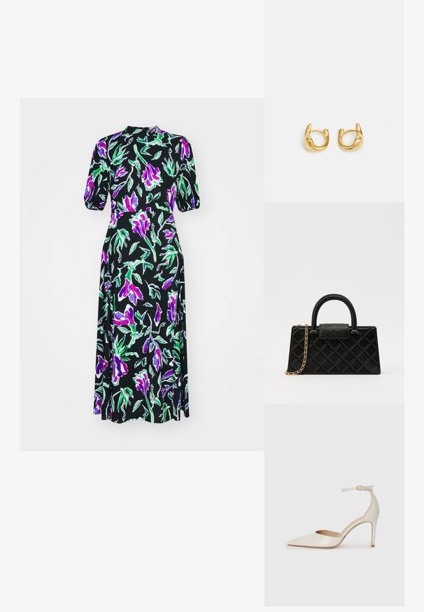 Diane von Furstenberg NELLA DRESS - Φόρεμα ημέρας - violet; Λευκό δερμάτινο ψηλοτάκουνο παπούτσι με μυτερή μύτη, λουρί στον αστράγαλο και λεπτό τακούνι στιλέτο. Λείος υφή με διακριτική γυαλιστερή επιφάνεια.; Μαύρη τσάντα χειρός από υφή δέρματος, με διαμαντένιο σχέδιο, χρυσή αλυσίδα και λαβή στην κορυφή με κλείσιμο καπάκι με λογότυπο.; Χρυσά σκουλαρίκια σε σχήμα κρίκου με μαλακή, στρογγυλή σχεδίαση και γυαλιστερή φινέτσα. Τα σκουλαρίκια έχουν συμπαγή, χοντρή μορφή και αδιάκοπο κούμπωμα.