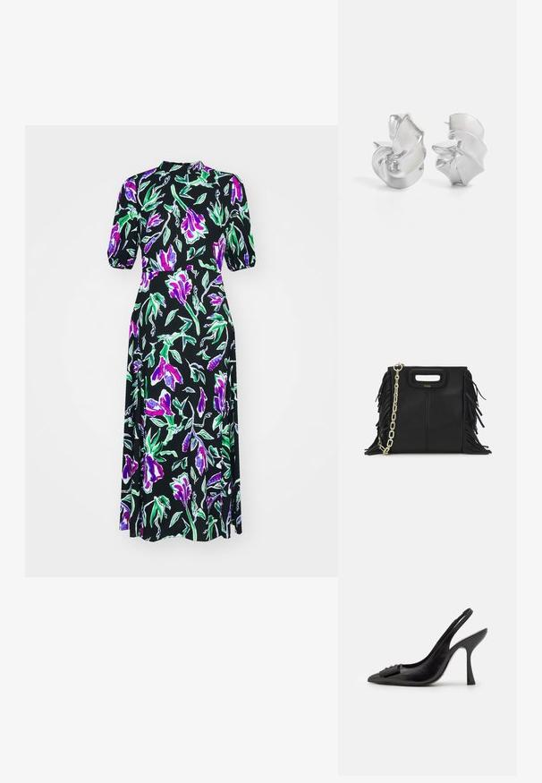 Diane von Furstenberg NELLA czarny; Czółenka na obcasie z czarnej skóry z odkrytym piętą, o ostrym nosku, smukłym wysokim obcasie i dekoracyjną kokardą. Gładka tekstura i elegancki design.; Czarna skórzana torebka na ramię z frędzlami, złotym łańcuszkiem oraz wyciętym uchwytem. Posiada umieszczone na przodzie logo.; Srebrne kolczyki o płynnych, spiralnych wzorach. Gładka faktura z polerowanym wykończeniem. Posiadają subtelną poświatę i brak widocznych ozdób.