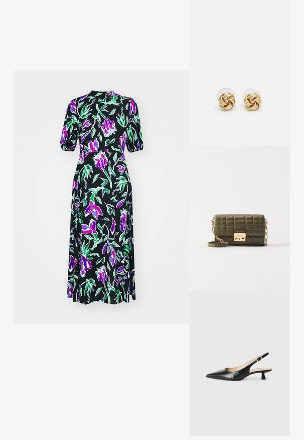 Diane von Furstenberg NELLA DRESS - Dnevna haljina - violet; Crne kožne slingback cipele s potpeticom u obliku mačke, s šiljastim vrhom i zlatnom kopčom na bočnom remenu, na bijeloj pozadini.; Bordo kožni ručni torbica s integriranim quiltovanim uzorkom i zlatnim detaljima, koja ima zatvarač na tipku i odvojivu lančanu naramenicu.; Naušnice na stud s zlatnim tonom i uvrnutim dizajnom. Svaka naušnica ima okruglu prozirnu podlogu za sigurno nošenje.