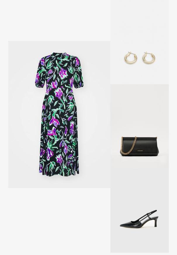 Diane von Furstenberg NELLA DRESS - Vapaa-ajan mekko - violet; Musta patent slingback-kiilakorko teräväkärkisellä muotoilulla, jossa on teksturoitu käärmeennahkakuosi, säädettävä remmi ja lyhyt, teksturoitu blokkiheel.; Musta nahkainen clutch-laukku, jossa on kultaketju, sileä pinta, suorakulmainen muoto ja kohokuvioitu brändimerkintä edessä.; Lauren Ralph Lauren BASIC SMALL HOOP - Korvakorut - gold-coloured