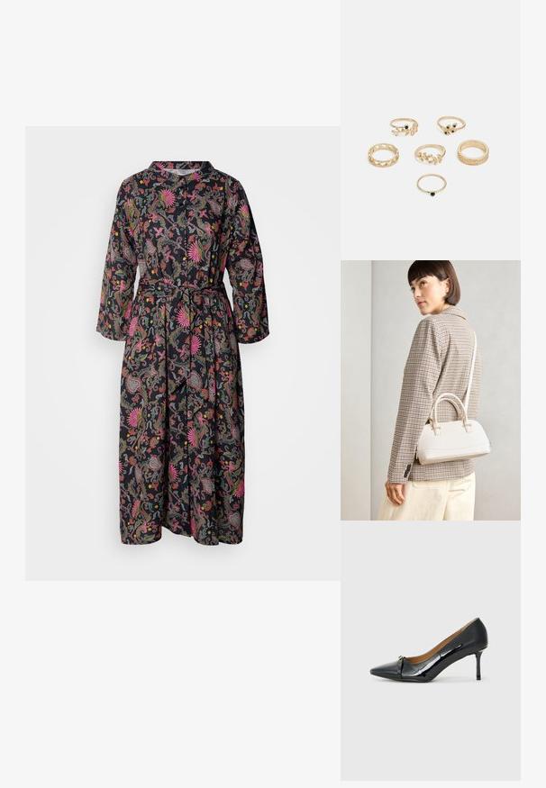Fekete virágmintás ruha, hosszú ujjakkal, gombos elülső résszel és passzoló övvel. Az anyag sima textúrájú, élénk színekkel.; Fekete lakkbőr magassarkú cipő hegyes orral, díszes pánttal elöl, és vékony stiletto sarokkal.; Fehér, strukturált kézitáska rövid füllel és vállpánttal, arany színű fém kiegészítőkkel és texturált anyagból, szürke háttér előtt bemutatva.; Hat gyűrűből álló készlet arany színben, különböző mintákkal: fonott, levélmotívumokkal és sima karikák; néhány zöld drágakő díszítéssel.